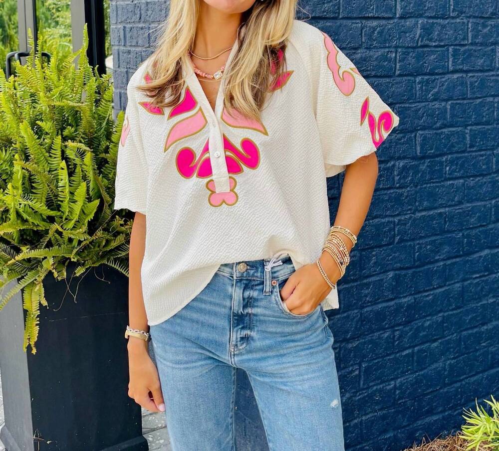 NEW THML textured button down embroidered top in pink and cream